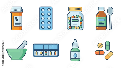 Pharmacy medicine pill bottle and drug icons set. Prescription medication blister pack, vitamin jar, liquid medicine, eye drops, capsules, and mortar symbols in flat medical vector illustration.