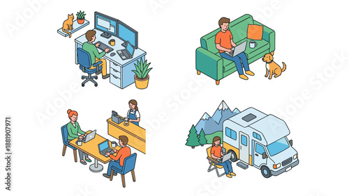 Remote work concept isometric vector set. People working from home, coffee shop, camper van, and office desk. Freelance lifestyle, digital nomad, online job, work from anywhere concept illustration.