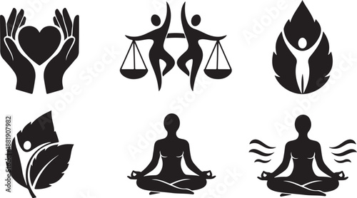 Yoga and wellness symbols in black silhouette style icons set