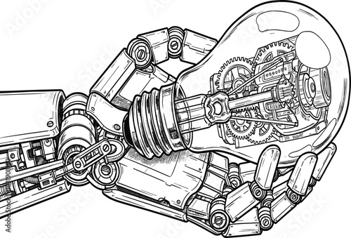 Detailed line art vector of a robotic hand holding a lightbulb with internal gears representing mechanical AI innovation