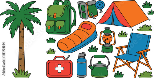 Camping Gear Vector Set – Tent, Backpack, Sleeping Bag, and Campfire