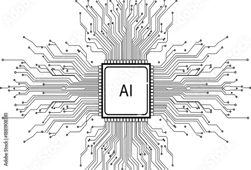 Flat vector illustration of an AI microprocessor with high density radiating circuit board lines for artificial intelligence technology