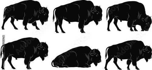 Bison, silhouette, wildlife, animal, nature, black, horn, hump, walking, standing, lying, posture, profile, motion, mammal, outdoors, strong, peaceful, grazing, western, wild, illustration