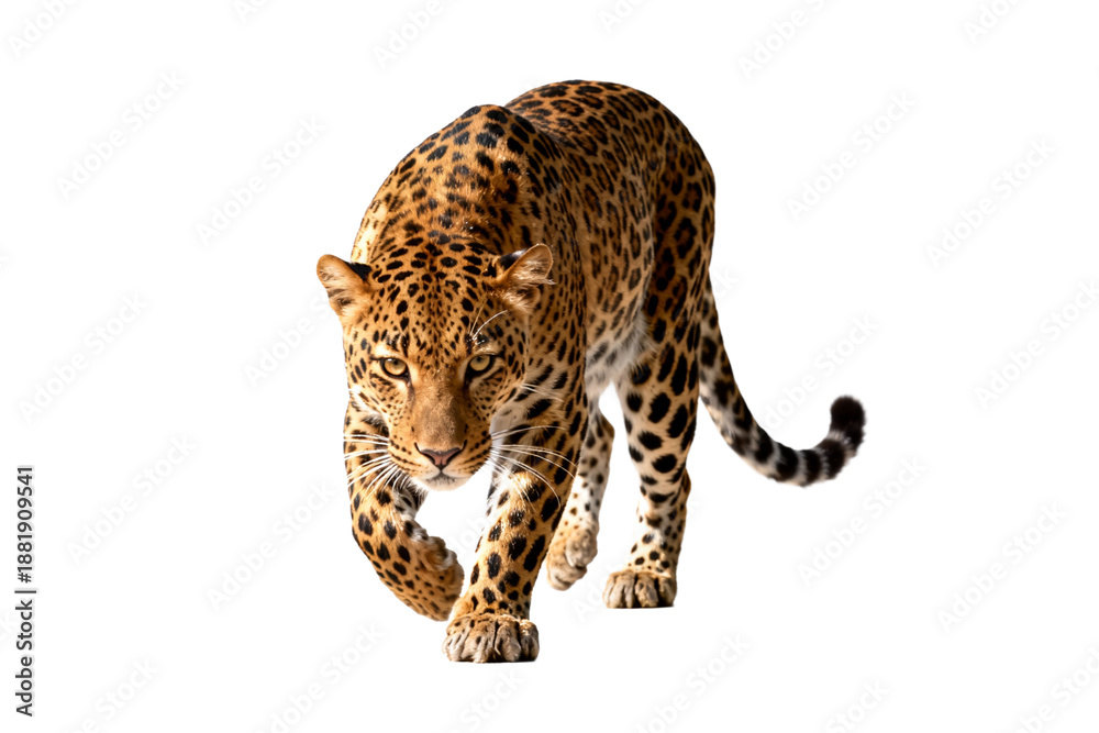 Fototapeta premium Leopard Walking with Intense Stare in Wildlife Setting