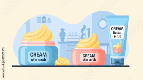 Three jars and a tube of creamy skincare products, a clock on the wall