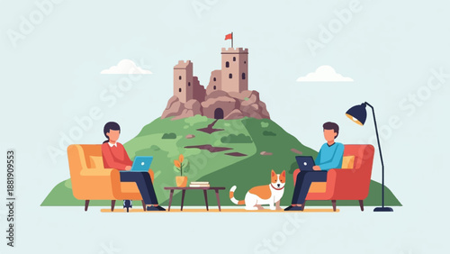 Two individuals work on laptops with a dog nearby, a castle atop a hill