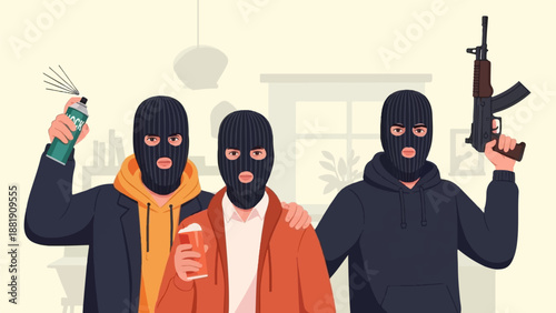 Three masked individuals, one holding a spray can, another a drink, and one a rifle