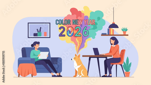 Two people and a dog in a room with colorful smoke for the new year