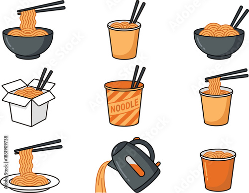 Collection of instant noodles in bowls, cups and takeout containers with chopsticks for Asian food illustration, culinary graphics, street food artwork and restaurant themed design resources