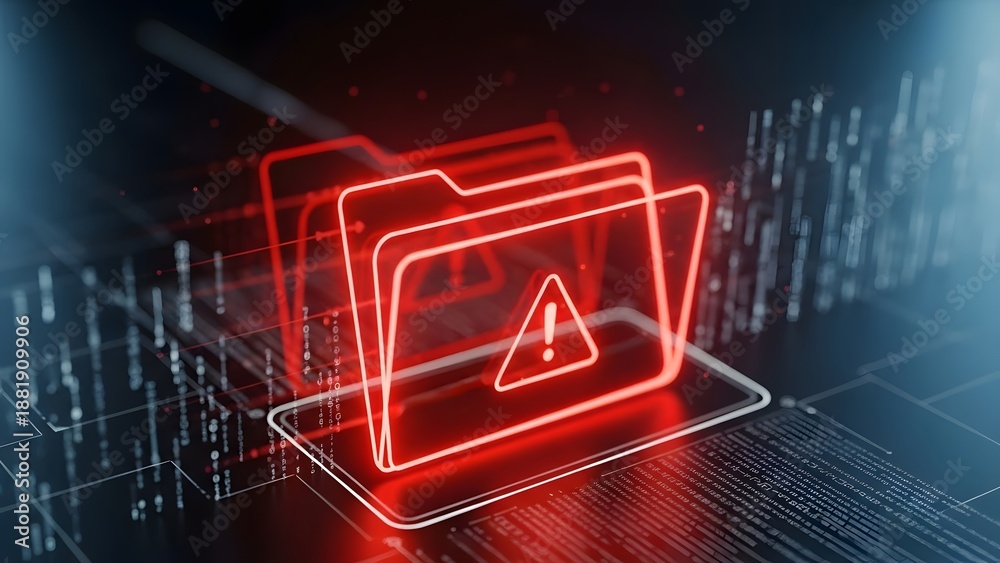 © designhunt - Multiple red digital folders with warning alert icons. Cybersecurity management and data risk assessment. Glowing file system showing a security breach on a dark background