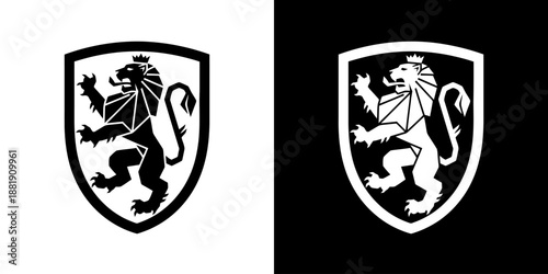 Black and white lion shield logos on contrasting backgrounds