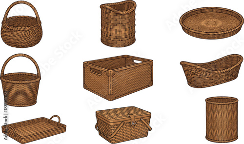 Collection of woven wicker baskets, trays and storage containers for rustic home decor illustration, organization graphics, craft artwork and natural material themed design resources