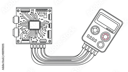 Electronic circuit board connected to a digital multimeter testing device with wires for hardware debugging and diagnostic tasks.