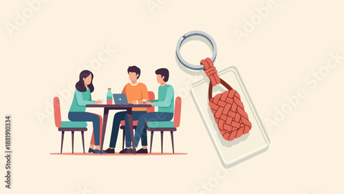 Three people at a table with a laptop and a keychain