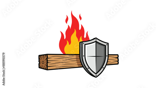 Metal shield protecting a wooden construction beam from large orange flames representing fireproof materials and building safety.
