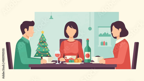 Three people enjoy a festive meal at a table with a Christmas tree