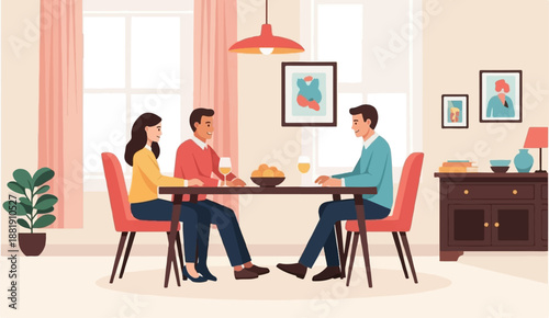 Three people enjoy drinks and conversation at a dining table indoors
