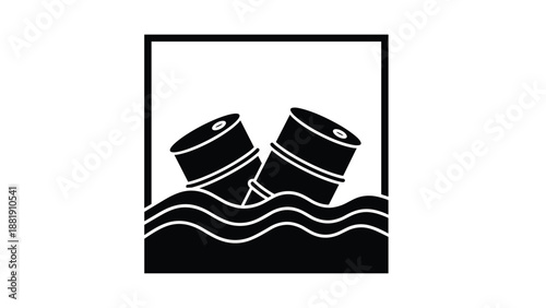 Silhouette of two oil barrels floating and leaking in wavy water inside a square frame as a warning sign for marine pollution.