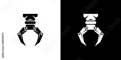 Two robotic claws on white and black backgrounds.