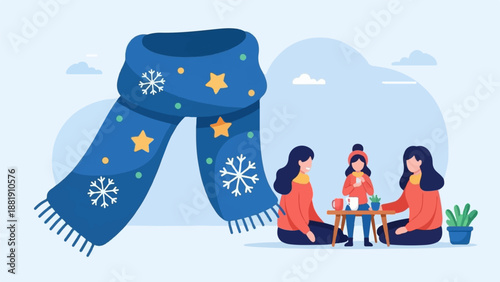 Three people enjoy warm drinks indoors beside a large winter scarf