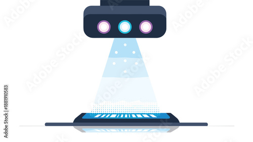 High-tech scanning device emitting a blue light beam to read a barcode on a flat surface for logistics and inventory tracking.