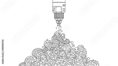 Industrial robotic arm nozzle spraying a large pile of foam bubbles or cleaning solution in a detailed black and white line art style.