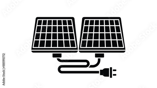 Black silhouette of two solar panels connected to a standard electrical power plug symbolizing renewable energy and green power.
