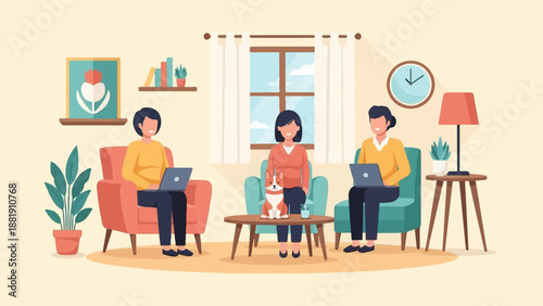 Three people working on laptops in a cozy living room with a dog