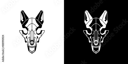 Black and white illustration of a stylized animal head with futuristic design on white