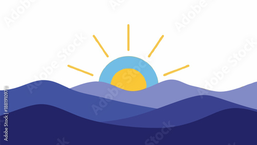 Stylized sunrise over gentle blue waves