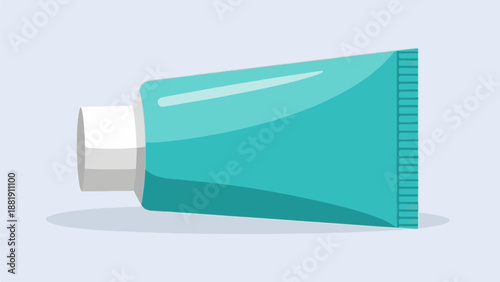 Turquoise toothpaste tube with white cap on a light blue background