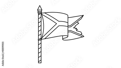 Simple line art illustration of a tattered and torn flag on a pole with a spearhead finial on a white background.