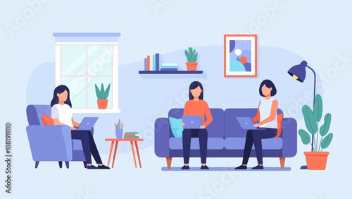 Three people working remotely on laptops in a cozy living room setting