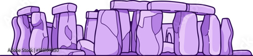 Stylized stone monument with layered purple rocks and dark outlines
