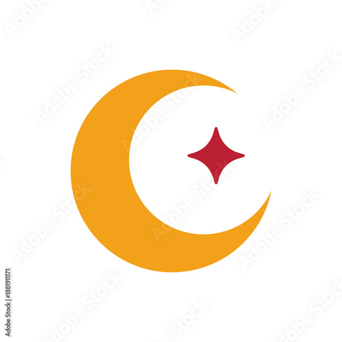 Stylized yellow crescent moon and red four-pointed star, a universal symbol of celestial bodies and various cultural or religious beliefs.