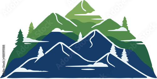 Stylized snow-capped mountains with evergreen trees and clouds