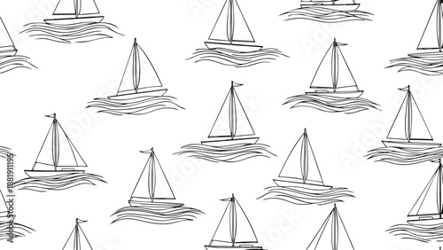 Seamless pattern vector illustration of sailing boats on wavy water, elegant and simple design for nautical themes