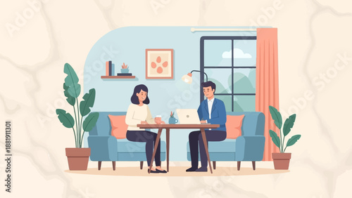 Two colleagues collaborate on a laptop at a table in a cozy office setting