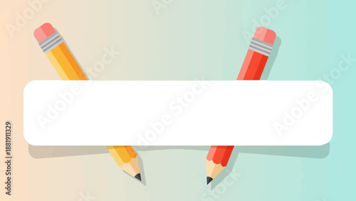 Two colored pencils with erasers frame blank white space