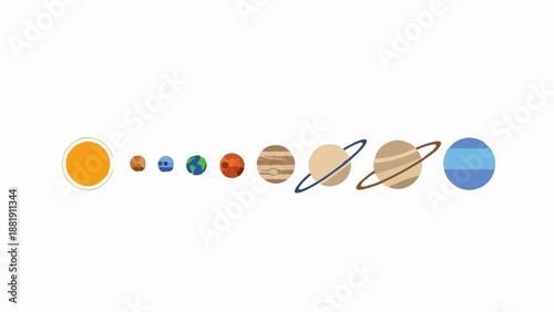 Stylized representation of planets in a solar system, including the sun