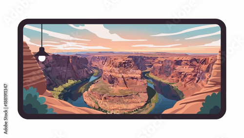 Stylized river canyon with orange cliffs, blue river, and cloudy sky
