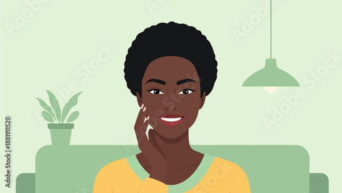 Stylized portrait of a smiling Black woman touching her cheek in a living room setting