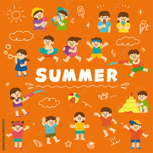 夏休みの子どもたちのイラストセット 夏 海 手描き アイコン