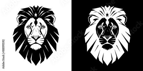 Two stylized lion head illustrations in black and white on contrasting backgrounds.