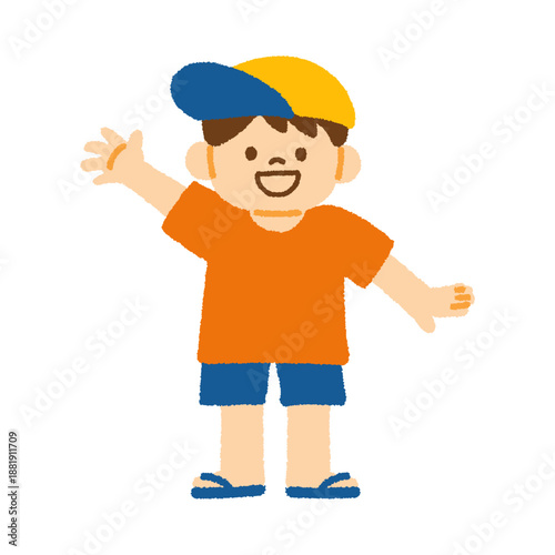 夏服 男の子 手を上げる 笑顔 イラスト