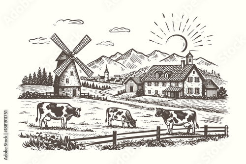 Traditional farm village with a windmill and cows grazing in front of high mountains, vintage hand-drawn line art vector illustration for rural theme.