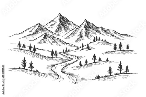 High mountain peaks with a winding road leading through a coniferous forest landscape, vintage hand-drawn line art vector illustration for travel theme.