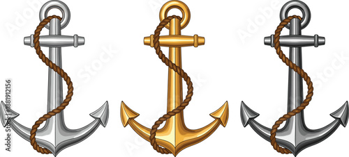 Marine Anchor with Rope Set Vector Illustration Isolated on White Background for Nautical, Maritime, and Sailing Design