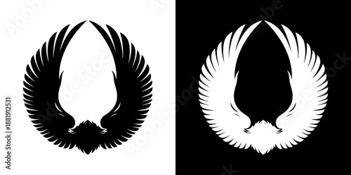 Two stylized bird silhouettes with outstretched wings on white and black backgrounds.