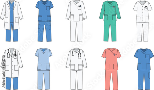 Medical Scrubs and Doctor Uniform Set Vector Illustration Isolated on White Background for Healthcare and Hospital Design